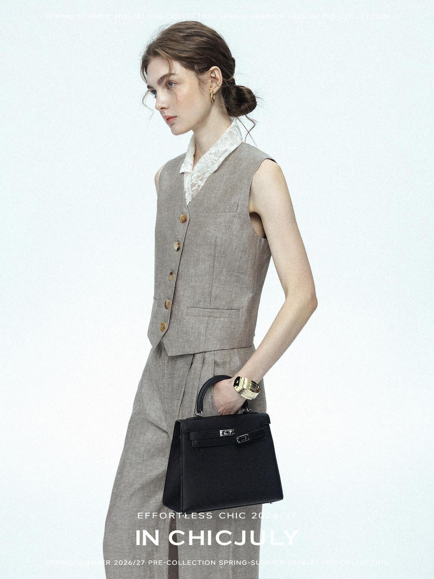 chicjuly Silver Shimmer Woven Air Washed Three Piece Women's Linen Pant Suits