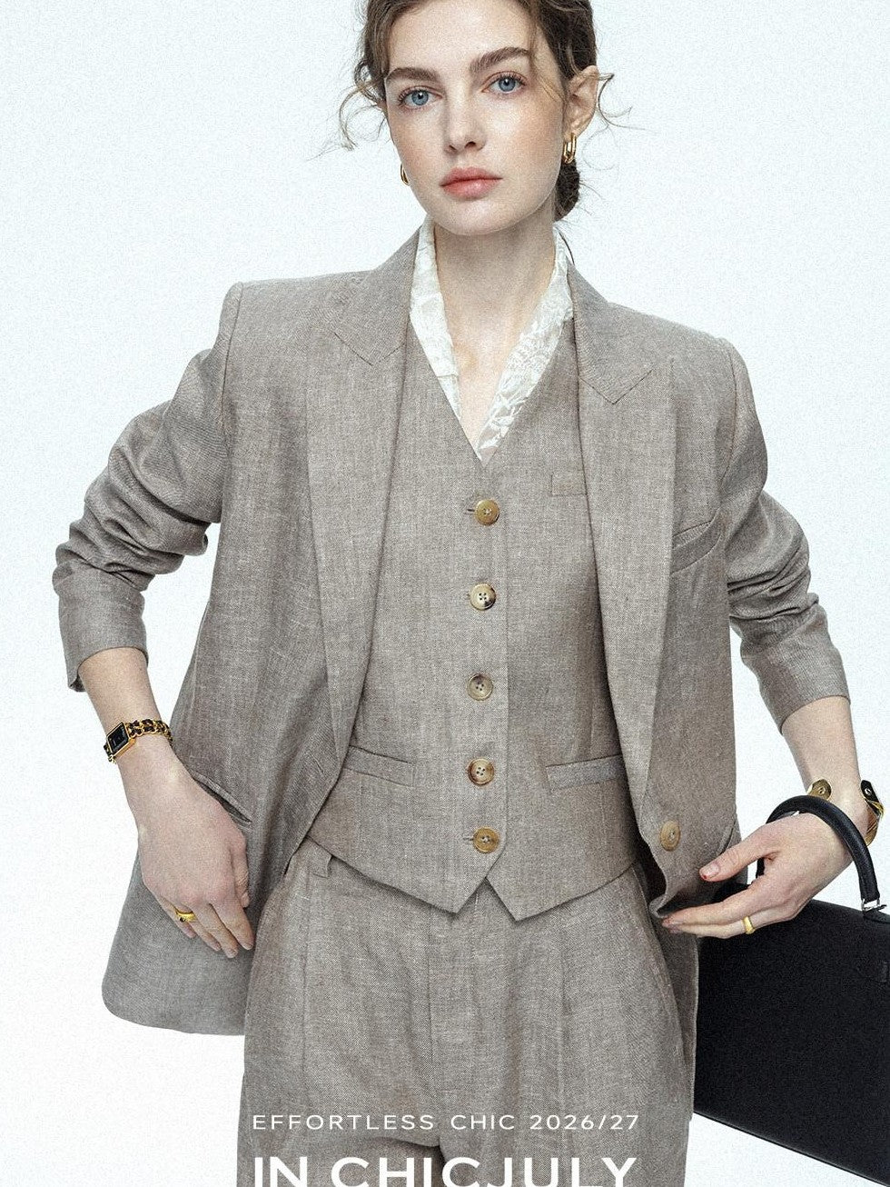 chicjuly Silver Shimmer Woven Air Washed Three Piece Women's Linen Pant Suits
