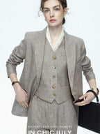 chicjuly Silver Shimmer Woven Air Washed Three Piece Women's Linen Pant Suits
