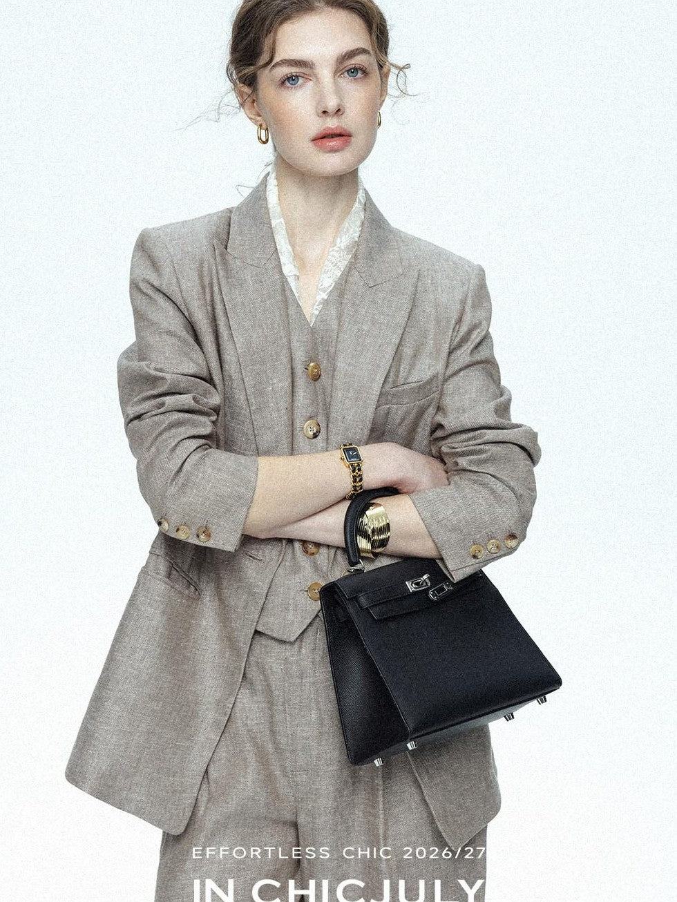 chicjuly Silver Shimmer Woven Air Washed Three Piece Women's Linen Pant Suits