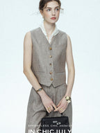 chicjuly Silver Shimmer Woven Air Washed Three Piece Women's Linen Pant Suits