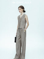 chicjuly Silver Shimmer Woven Air Washed Three Piece Women's Linen Pant Suits