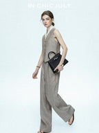 chicjuly Silver Shimmer Woven Air Washed Three Piece Women's Linen Pant Suits
