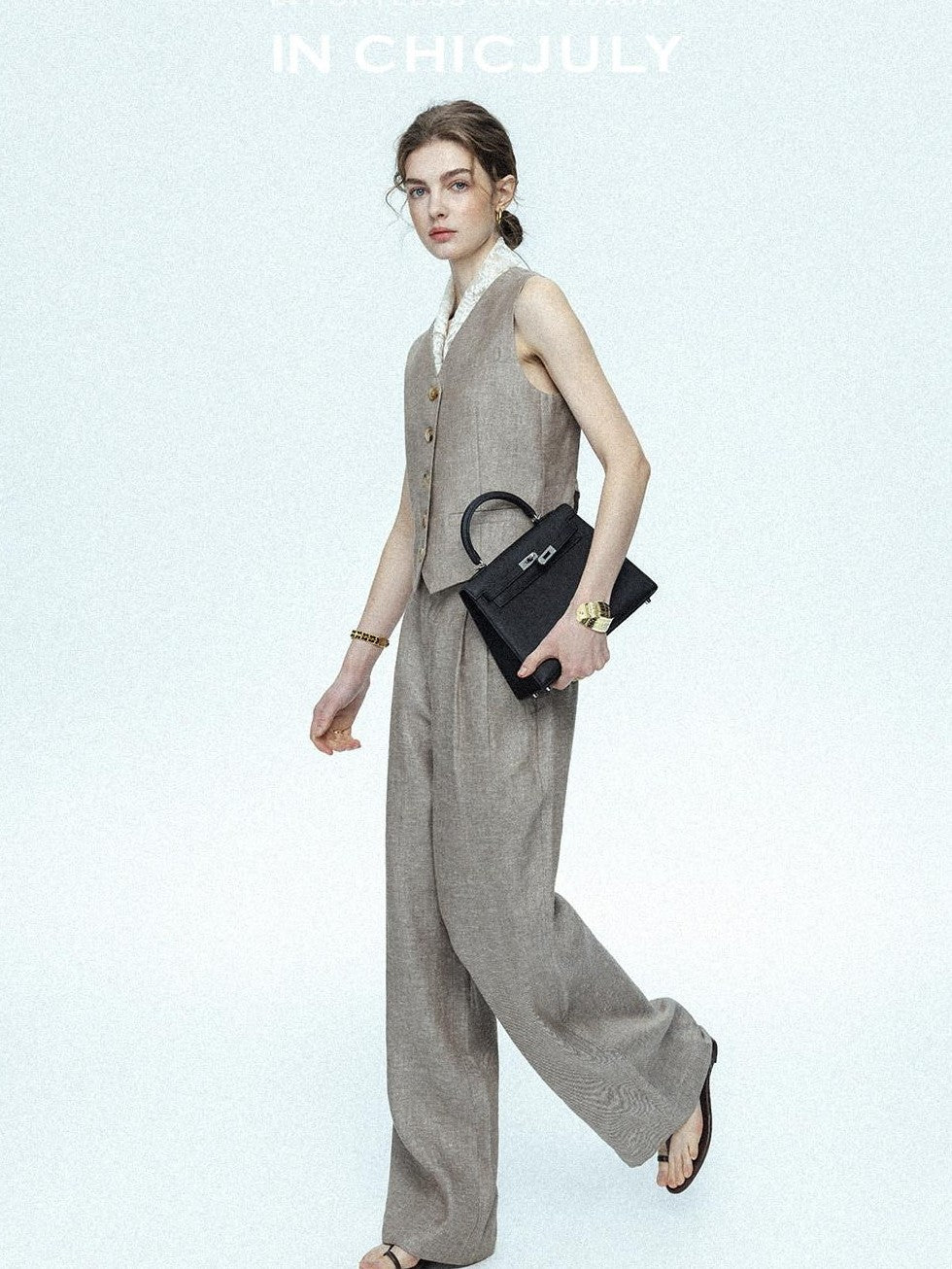 chicjuly Silver Shimmer Woven Air Washed Three Piece Women's Linen Pant Suits