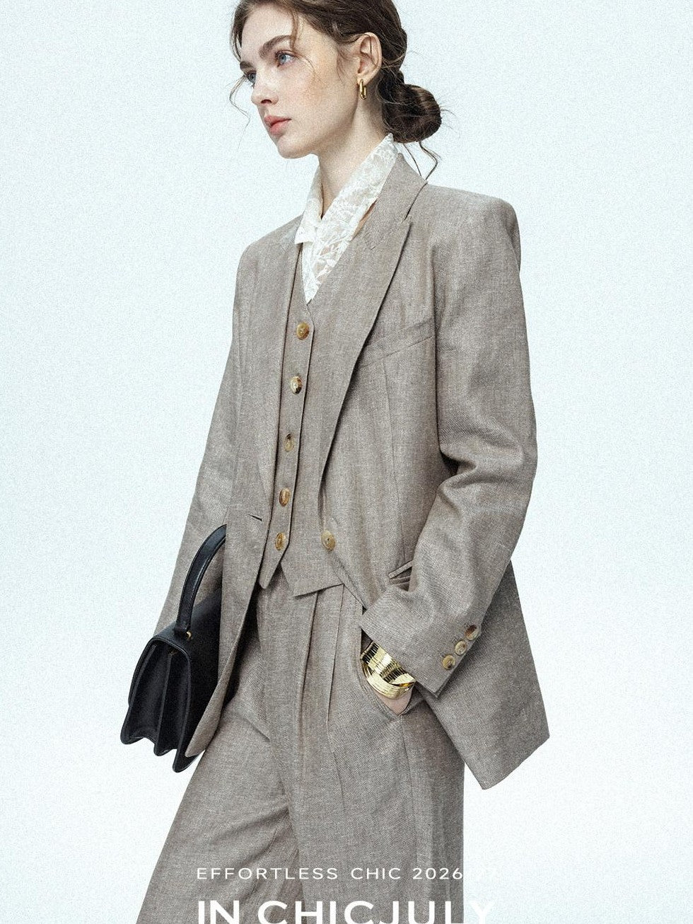 chicjuly Silver Shimmer Woven Air Washed Three Piece Women's Linen Pant Suits