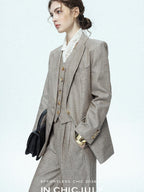 chicjuly Silver Shimmer Woven Air Washed Three Piece Women's Linen Pant Suits