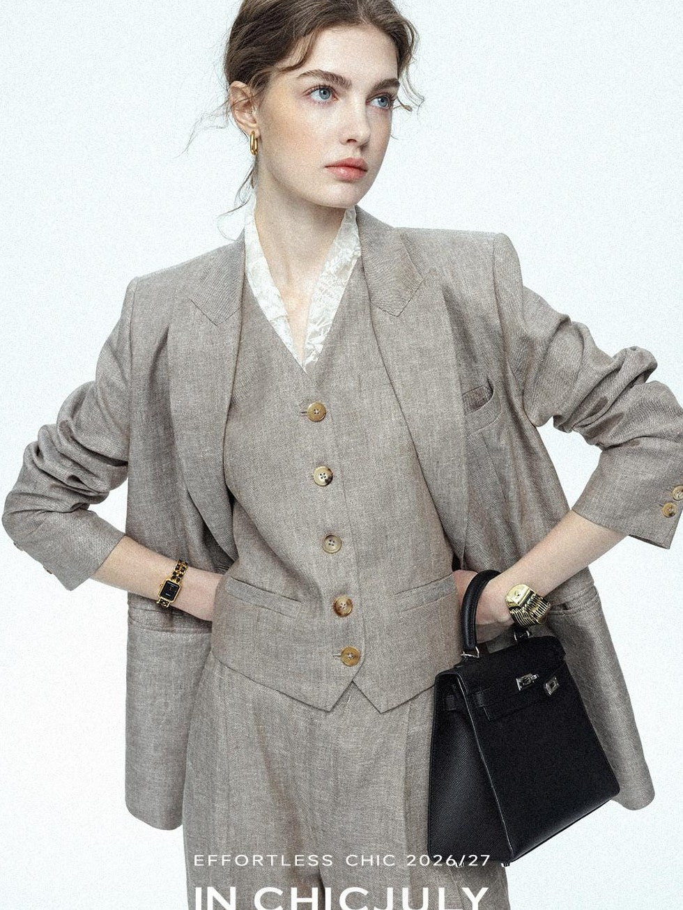chicjuly Silver Shimmer Woven Air Washed Three Piece Women's Linen Pant Suits