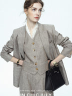 chicjuly Silver Shimmer Woven Air Washed Three Piece Women's Linen Pant Suits