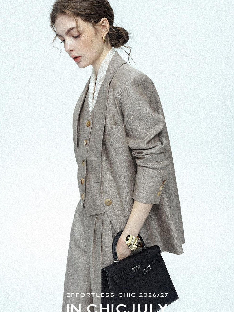 chicjuly Silver Shimmer Woven Air Washed Three Piece Women's Linen Pant Suits