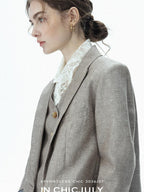 chicjuly Silver Shimmer Woven Air Washed Three Piece Women's Linen Pant Suits
