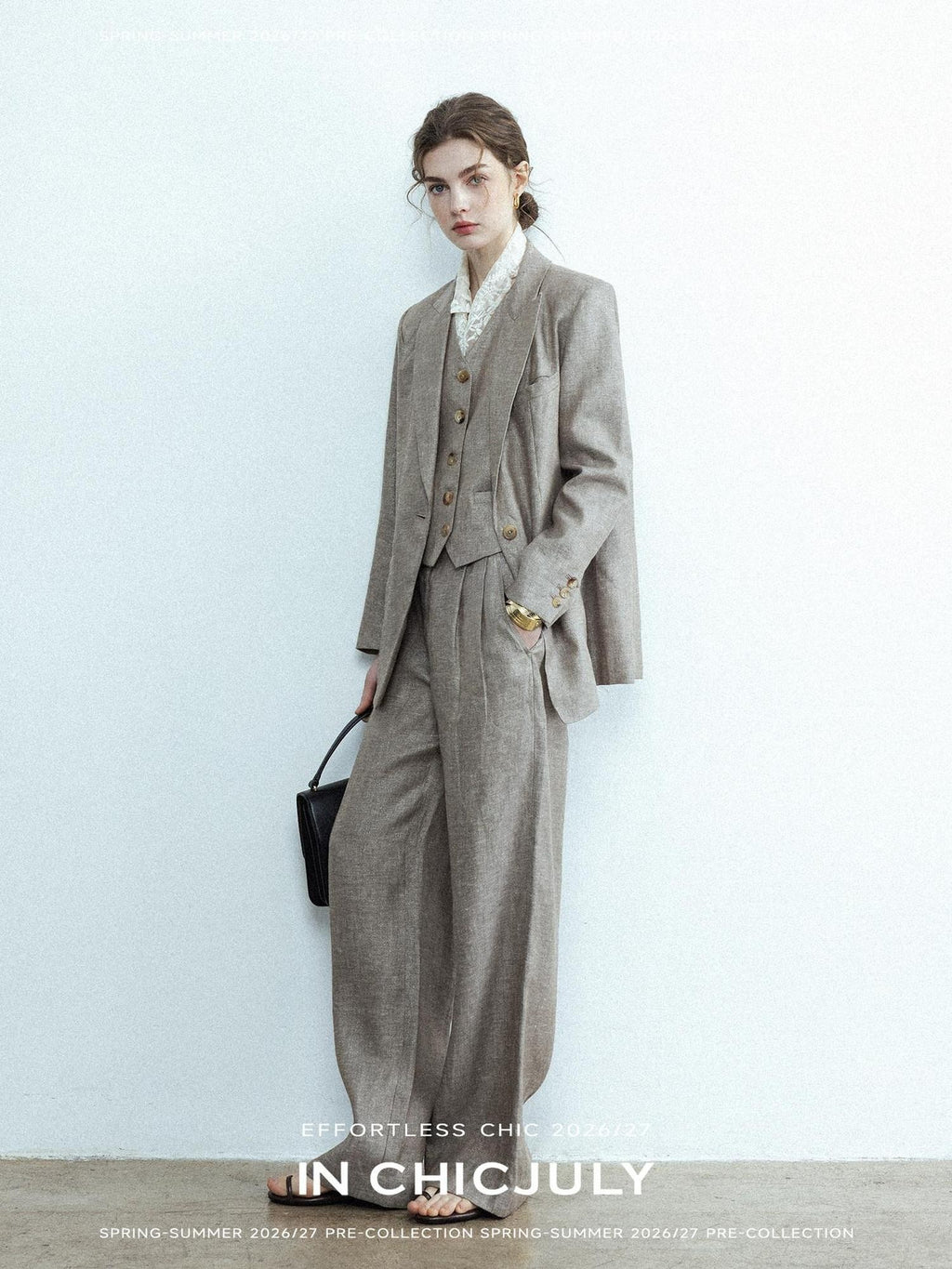 chicjuly Silver Shimmer Woven Air Washed Three Piece Women's Linen Pant Suits