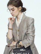 chicjuly Silver Shimmer Woven Air Washed Three Piece Women's Linen Pant Suits