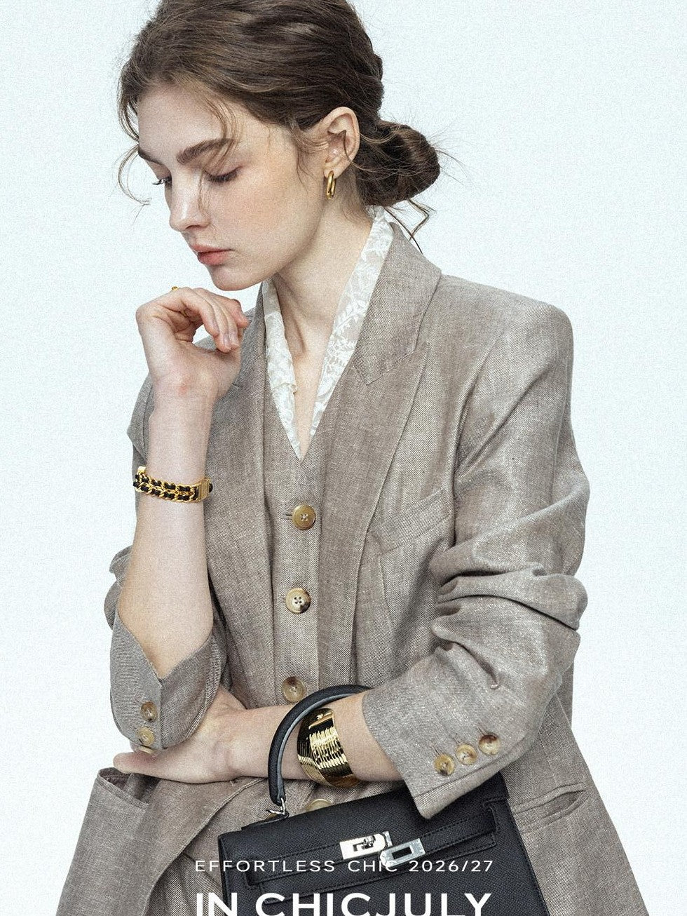 chicjuly Silver Shimmer Woven Air Washed Three Piece Women's Linen Pant Suits