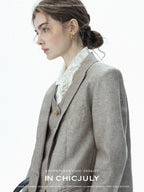 chicjuly Silver Shimmer Woven Air Washed Three Piece Women's Linen Pant Suits