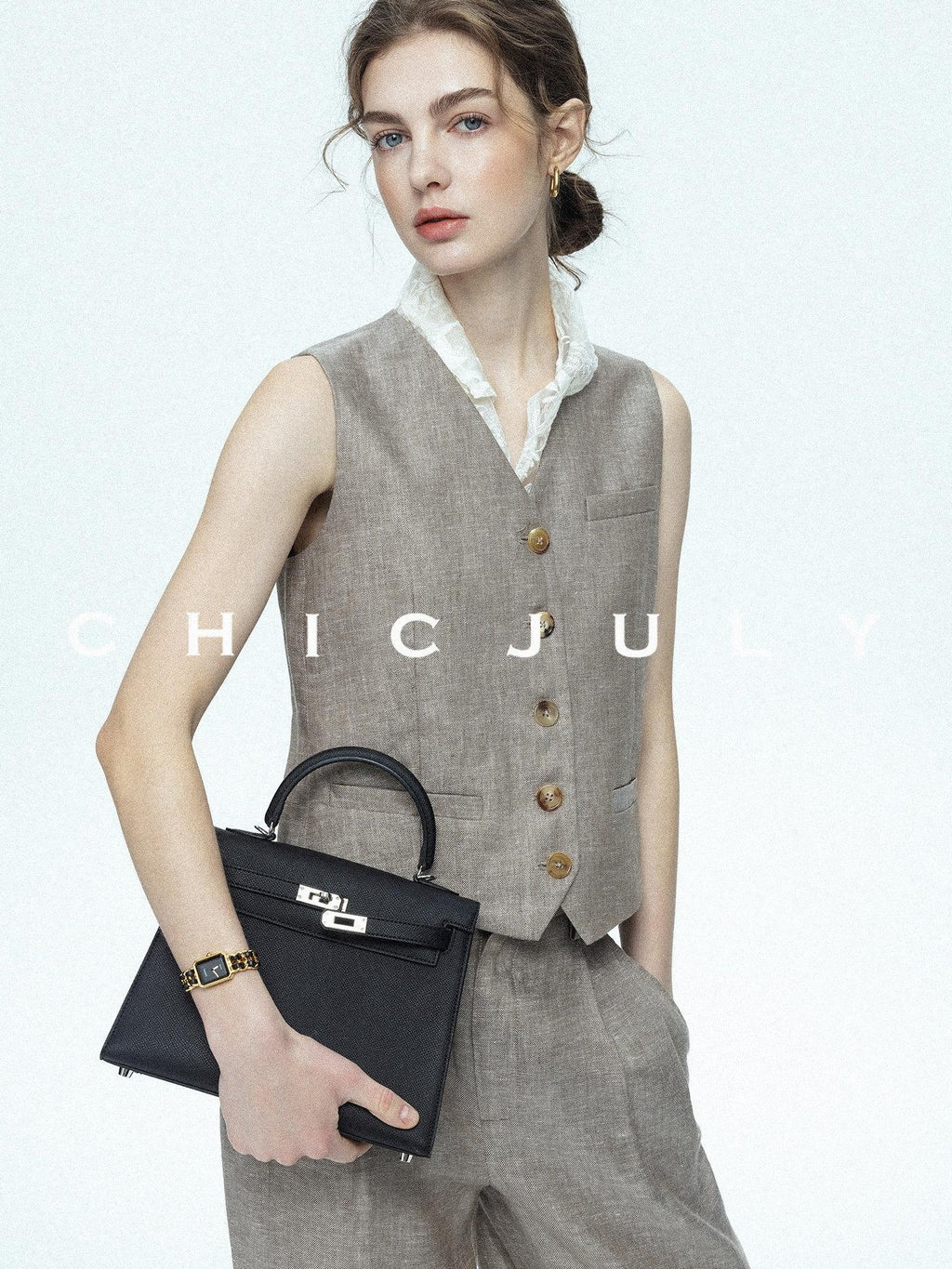 chicjuly Silver Shimmer Woven Air Washed Three Piece Women's Linen Pant Suits