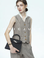 chicjuly Silver Shimmer Woven Air Washed Three Piece Women's Linen Pant Suits