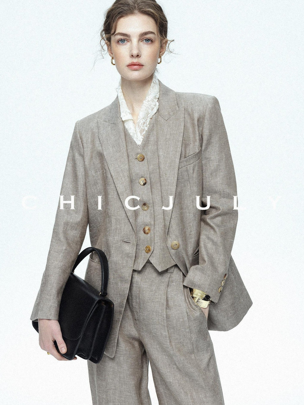 chicjuly Silver Shimmer Woven Air Washed Three Piece Women's Linen Pant Suits