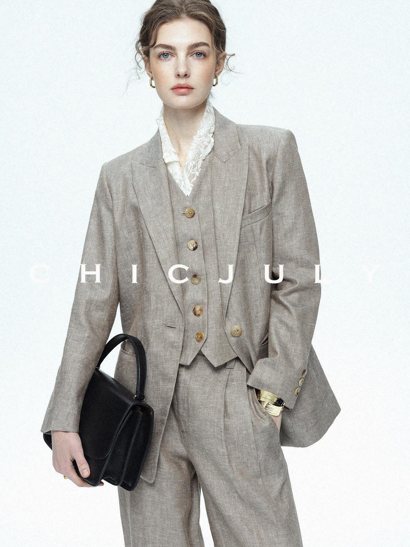 chicjuly Silver Shimmer Woven Air Washed Three Piece Women's Linen Pant Suits