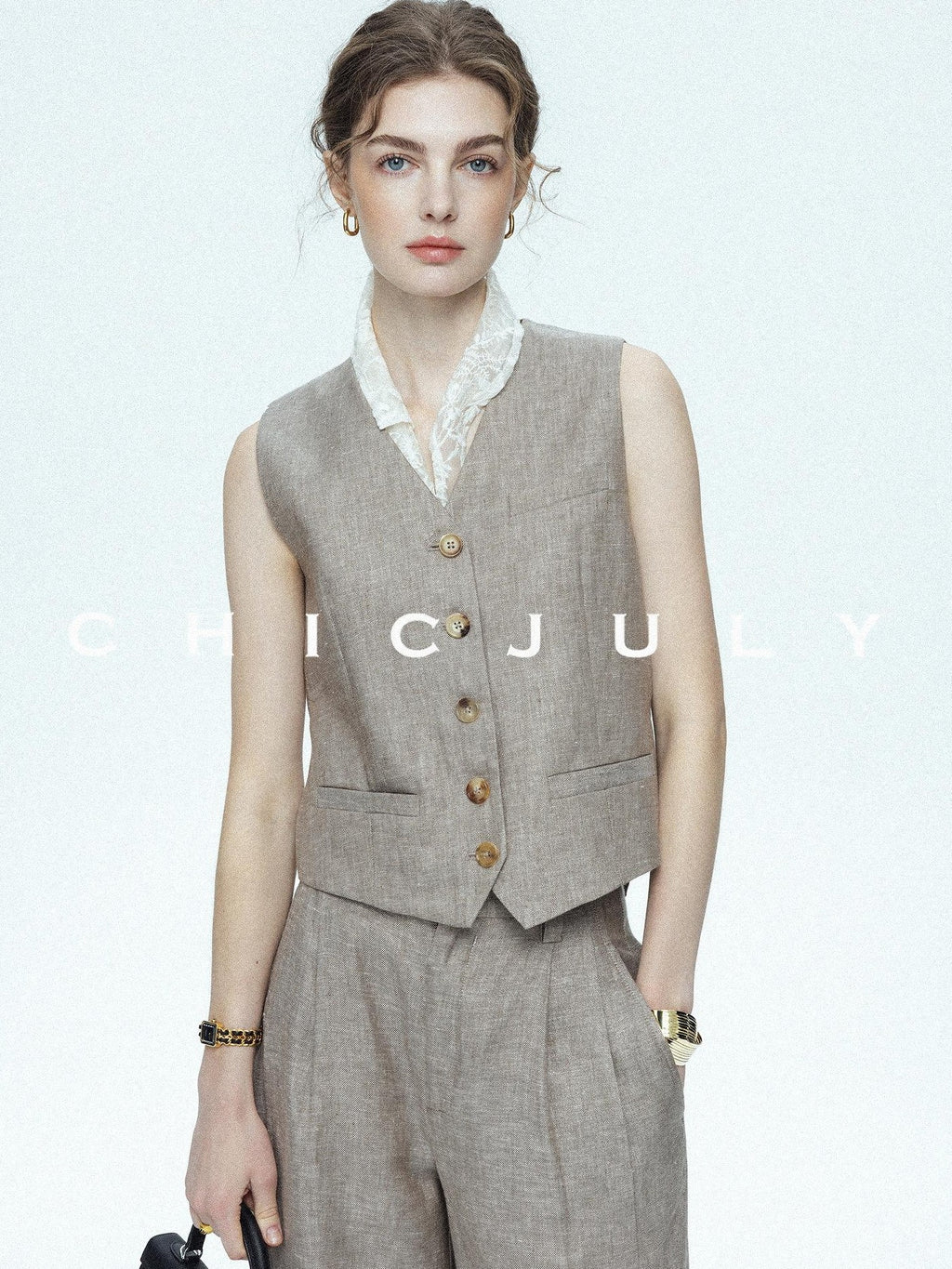 chicjuly Silver Shimmer Woven Air Washed Three Piece Women's Linen Pant Suits