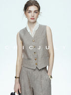 chicjuly Silver Shimmer Woven Air Washed Three Piece Women's Linen Pant Suits