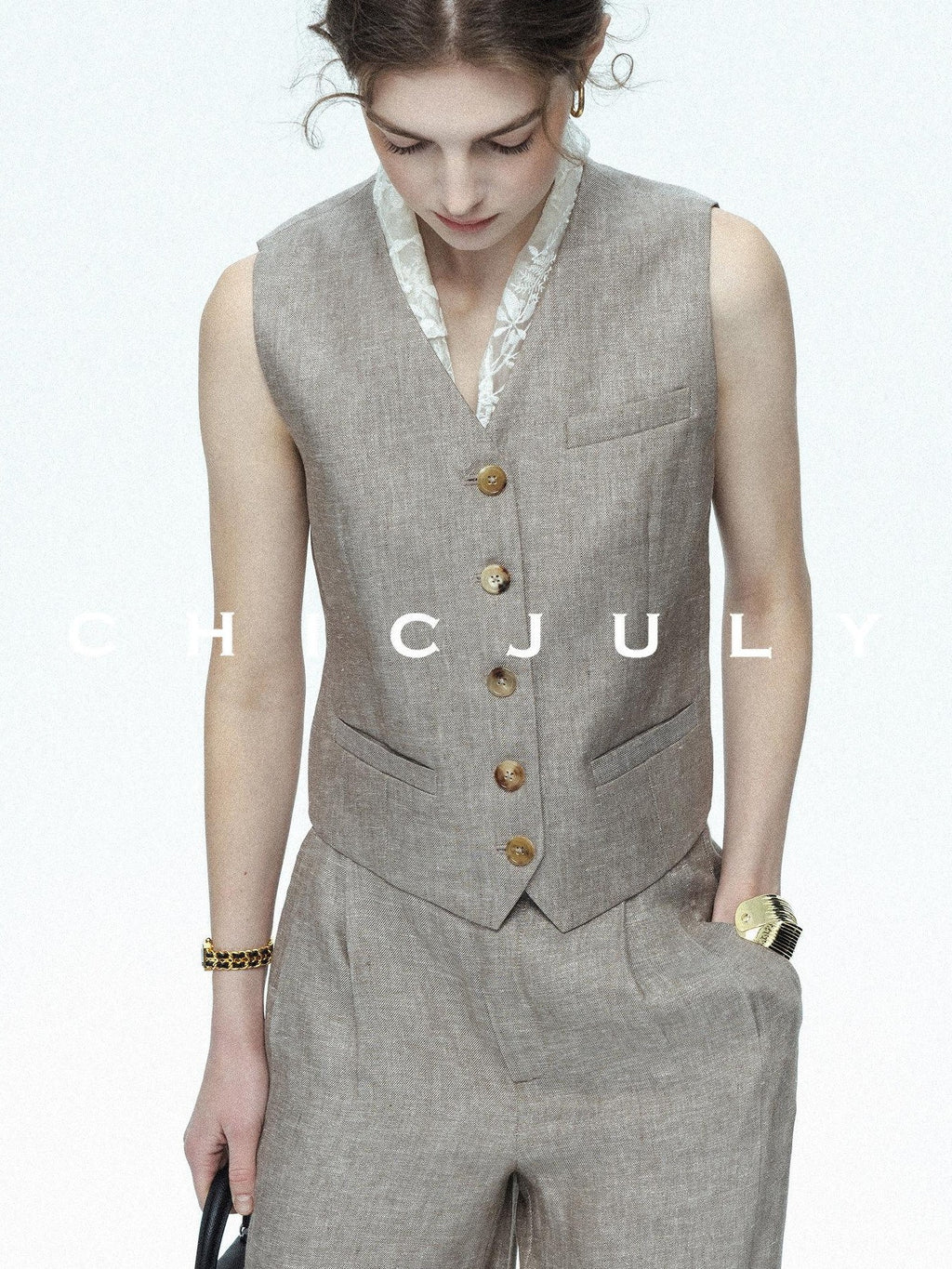 chicjuly Silver Shimmer Woven Air Washed Three Piece Women's Linen Pant Suits