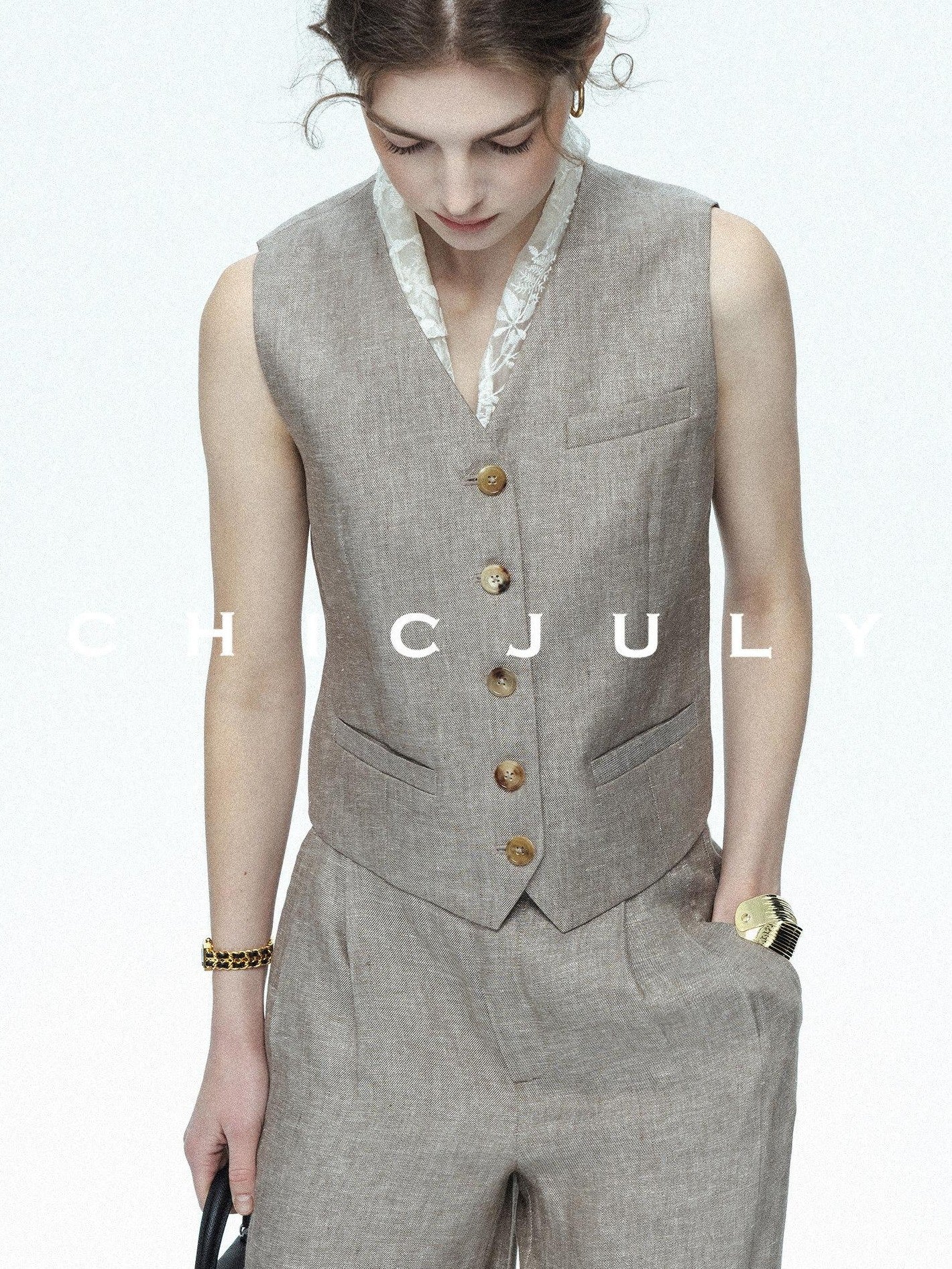 chicjuly Silver Shimmer Woven Air Washed Three Piece Women's Linen Pant Suits