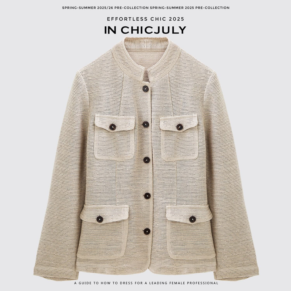 chicjuly Silver Yarn Minimal Multi Pocket Stand Collar Women's Linen Lightweight Jackets 964411392918