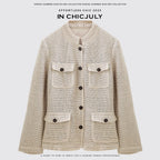 chicjuly Silver Yarn Minimal Multi Pocket Stand Collar Women's Linen Lightweight Jackets 964411392918