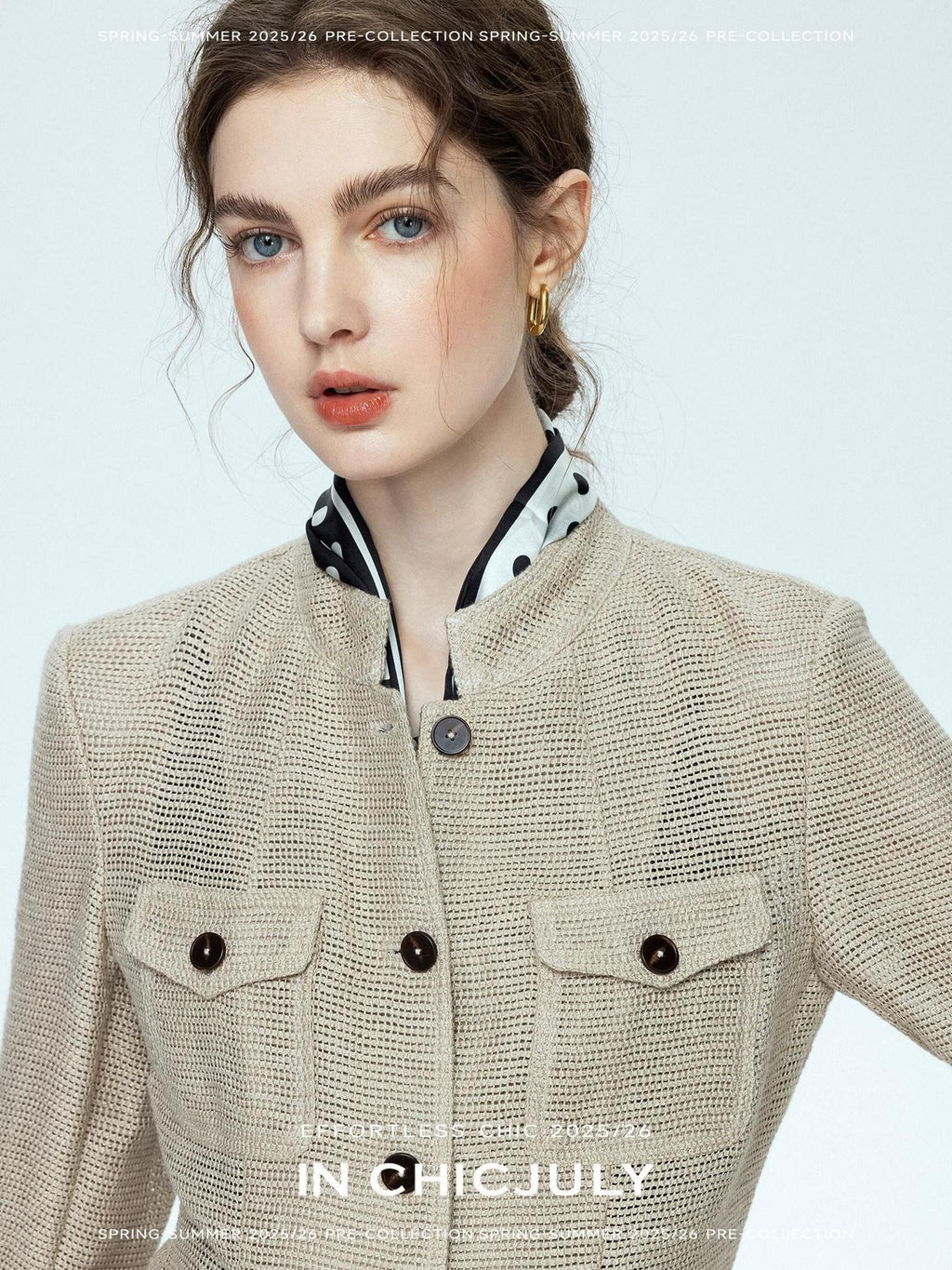 chicjuly Silver Yarn Minimal Multi Pocket Stand Collar Women's Linen Lightweight Jackets