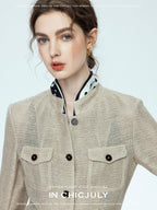 chicjuly Silver Yarn Minimal Multi Pocket Stand Collar Women's Linen Lightweight Jackets