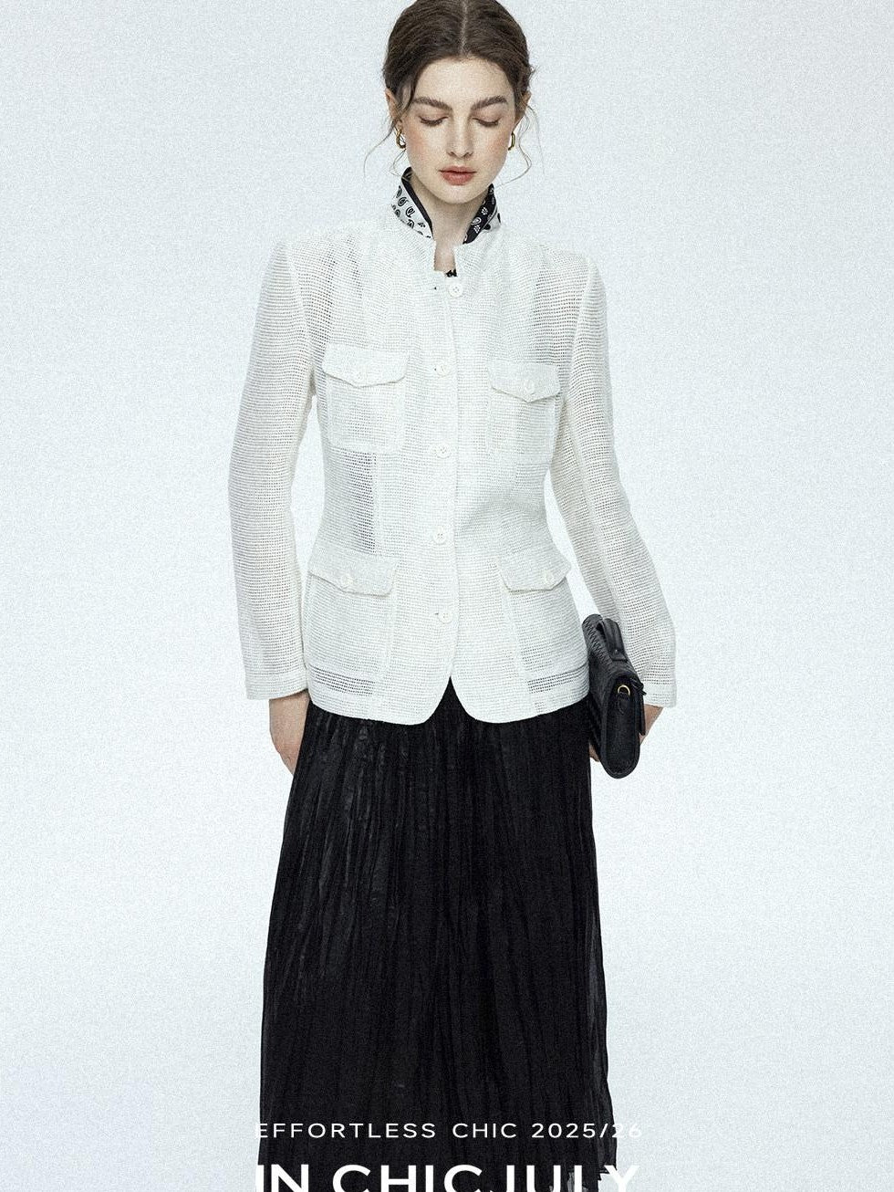 chicjuly Silver Yarn Minimal Multi Pocket Stand Collar Women's Linen Lightweight Jackets