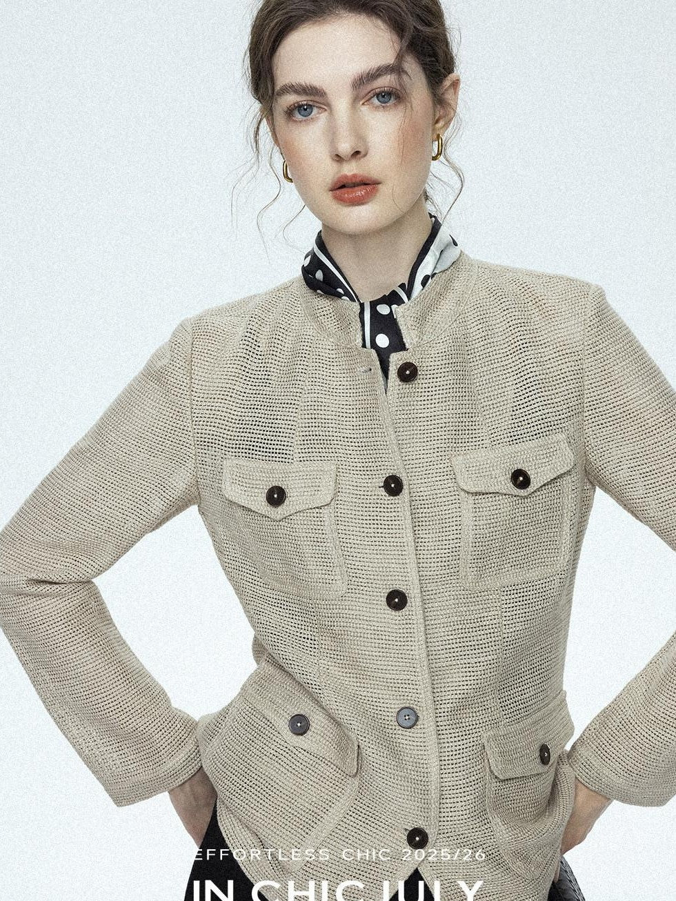 chicjuly Silver Yarn Minimal Multi Pocket Stand Collar Women's Linen Lightweight Jackets