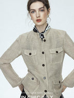 chicjuly Silver Yarn Minimal Multi Pocket Stand Collar Women's Linen Lightweight Jackets
