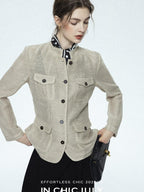 chicjuly Silver Yarn Minimal Multi Pocket Stand Collar Women's Linen Lightweight Jackets