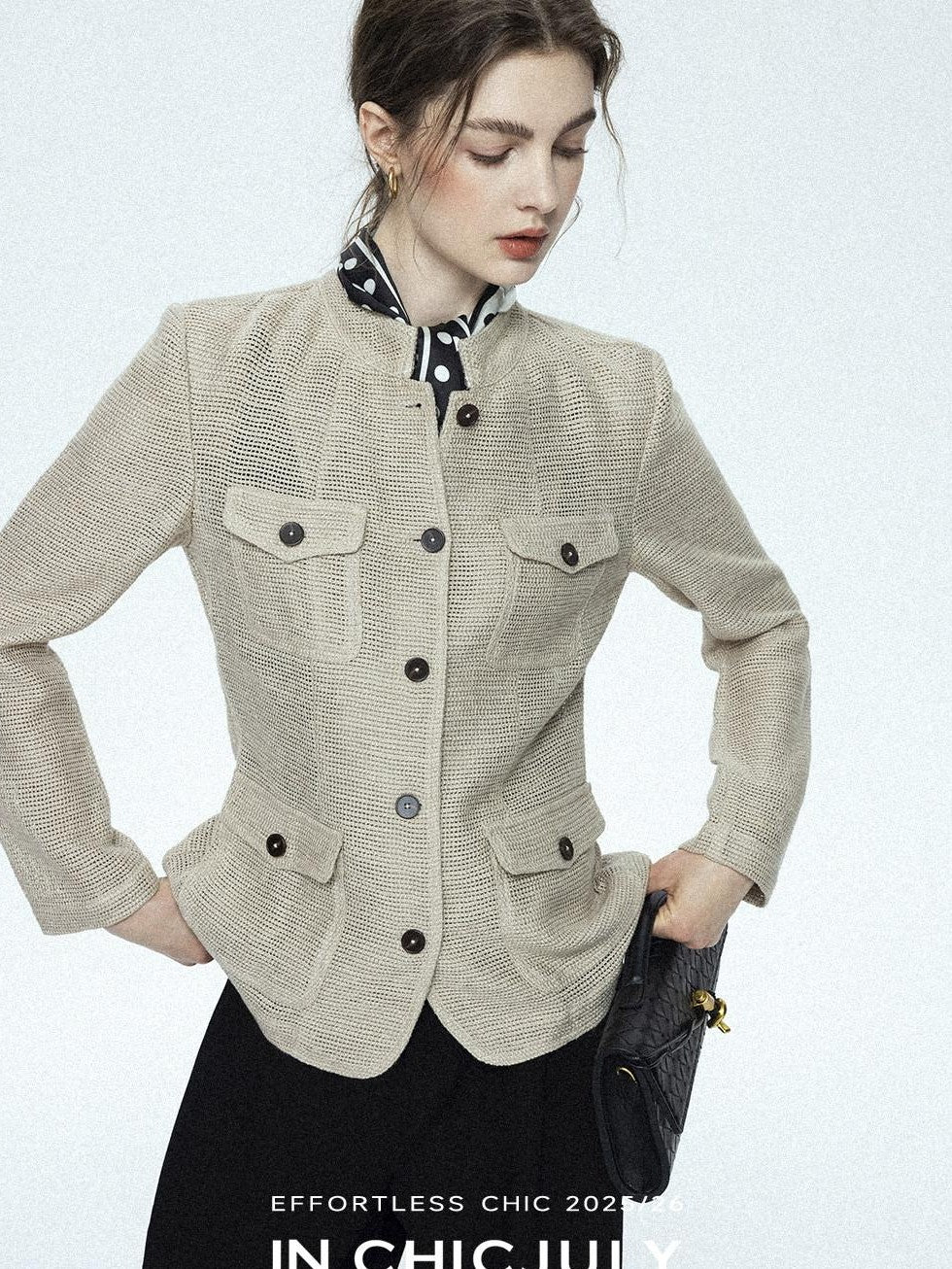 chicjuly Silver Yarn Minimal Multi Pocket Stand Collar Women's Linen Lightweight Jackets