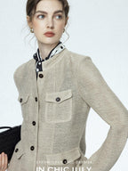 chicjuly Silver Yarn Minimal Multi Pocket Stand Collar Women's Linen Lightweight Jackets