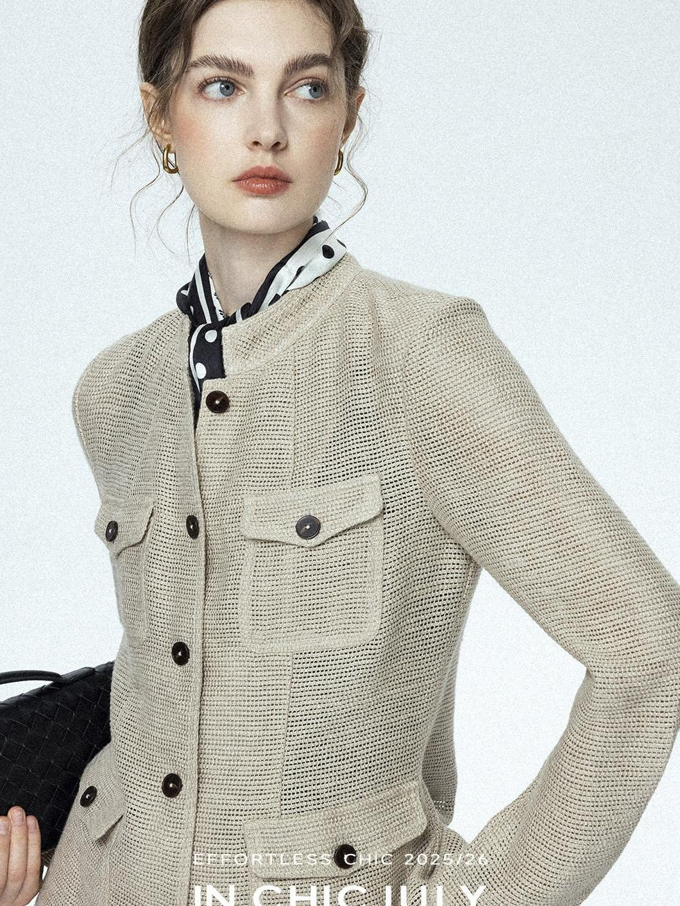 chicjuly Silver Yarn Minimal Multi Pocket Stand Collar Women's Linen Lightweight Jackets