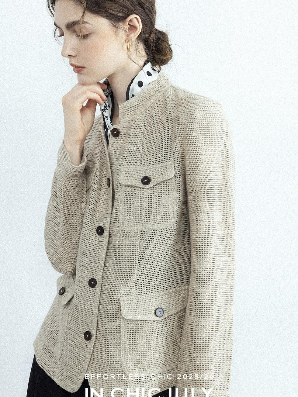 chicjuly Silver Yarn Minimal Multi Pocket Stand Collar Women's Linen Lightweight Jackets
