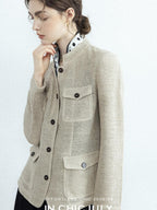 chicjuly Silver Yarn Minimal Multi Pocket Stand Collar Women's Linen Lightweight Jackets