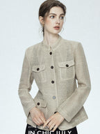 chicjuly Silver Yarn Minimal Multi Pocket Stand Collar Women's Linen Lightweight Jackets