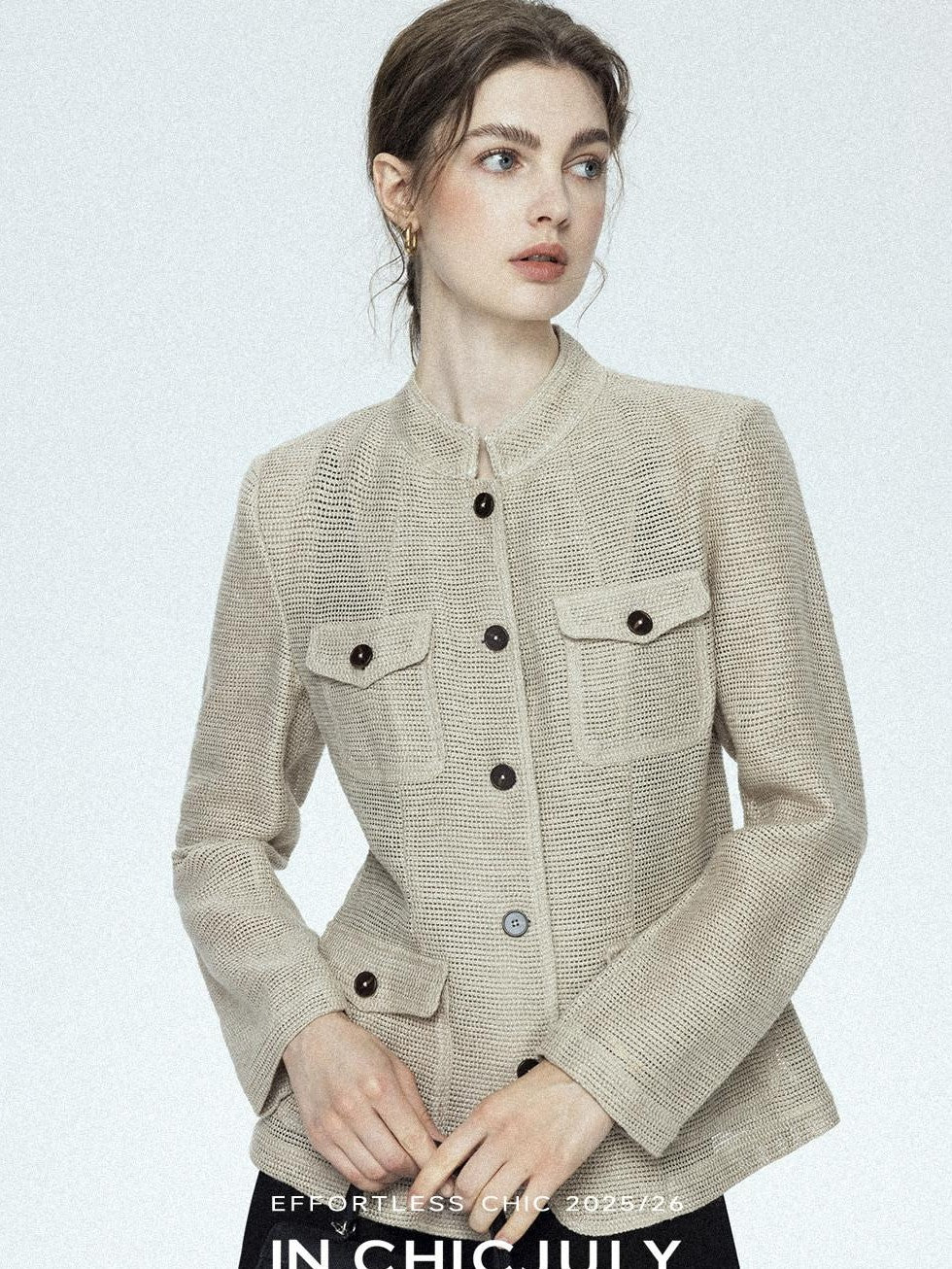 chicjuly Silver Yarn Minimal Multi Pocket Stand Collar Women's Linen Lightweight Jackets