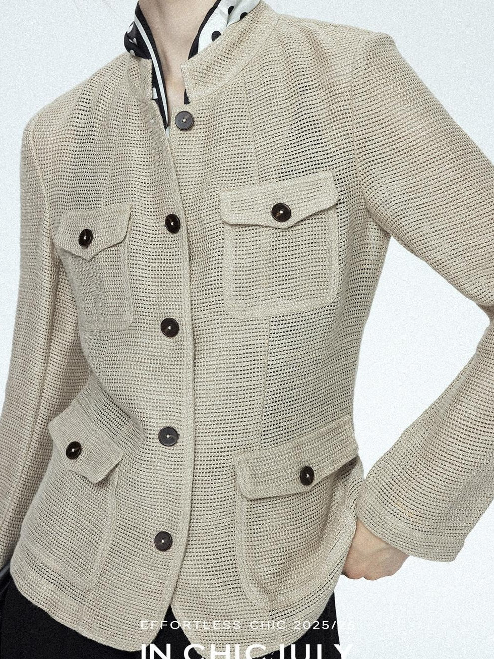 chicjuly Silver Yarn Minimal Multi Pocket Stand Collar Women's Linen Lightweight Jackets