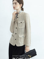 chicjuly Silver Yarn Minimal Multi Pocket Stand Collar Women's Linen Lightweight Jackets