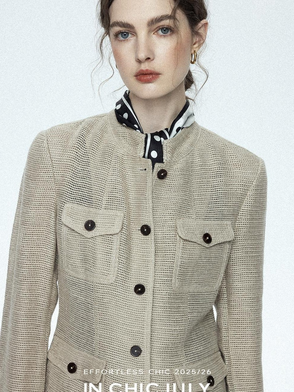 chicjuly Silver Yarn Minimal Multi Pocket Stand Collar Women's Linen Lightweight Jackets