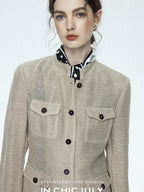 chicjuly Silver Yarn Minimal Multi Pocket Stand Collar Women's Linen Lightweight Jackets