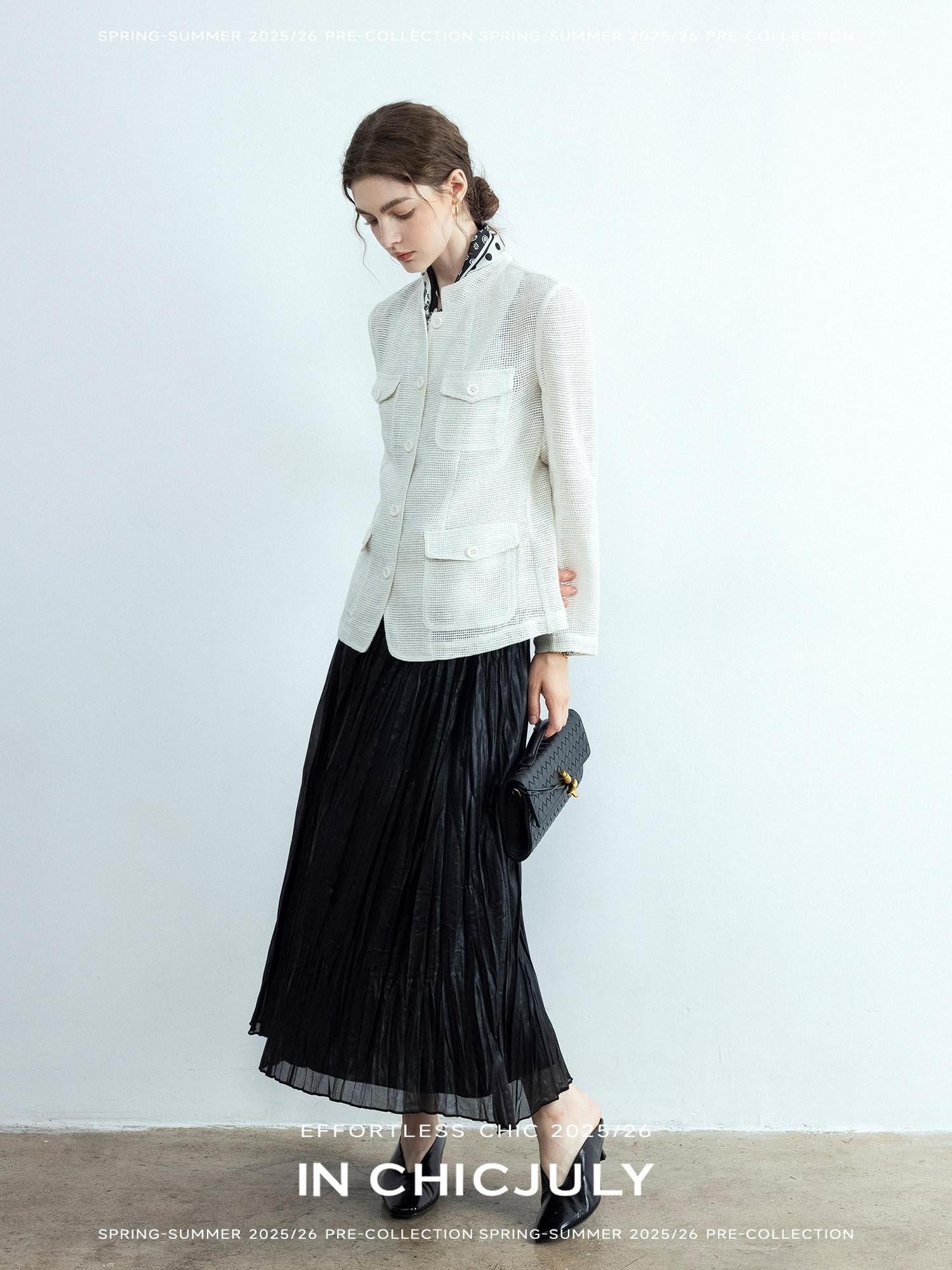 chicjuly Silver Yarn Minimal Multi Pocket Stand Collar Women's Linen Lightweight Jackets