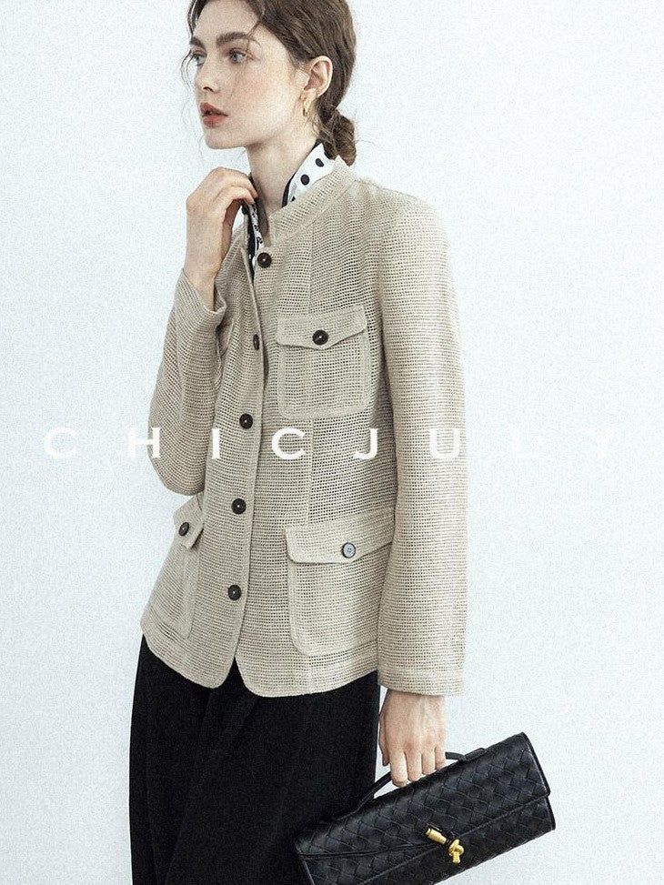 chicjuly Silver Yarn Minimal Multi Pocket Stand Collar Women's Linen Lightweight Jackets