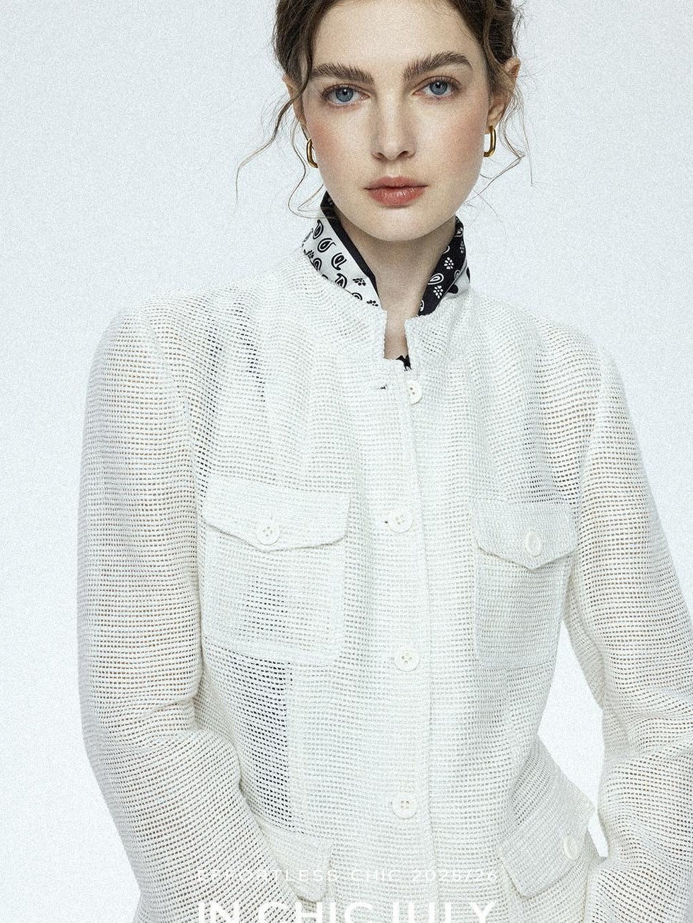 chicjuly Silver Yarn Minimal Multi Pocket Stand Collar Women's Linen Lightweight Jackets