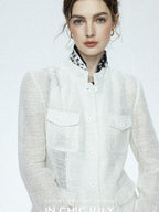 chicjuly Silver Yarn Minimal Multi Pocket Stand Collar Women's Linen Lightweight Jackets