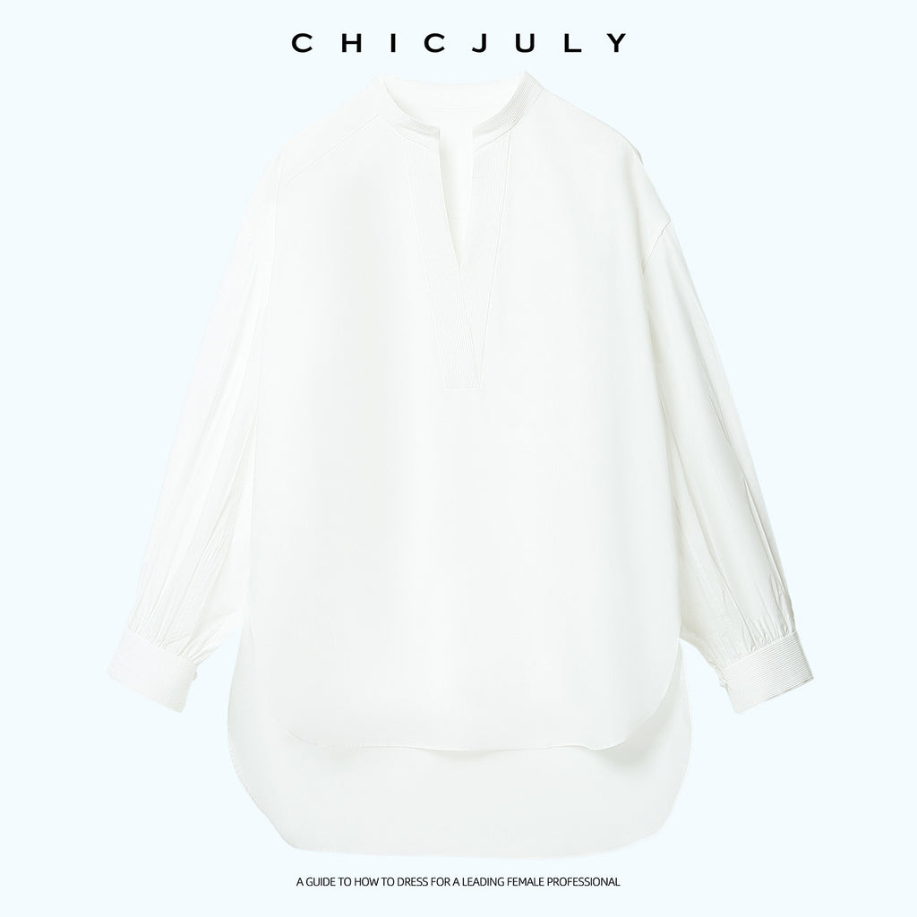 chicjuly Sleek V-neck Minimalist Workwear Women's Pure Cotton Loose Fit Shirts 1038268229713